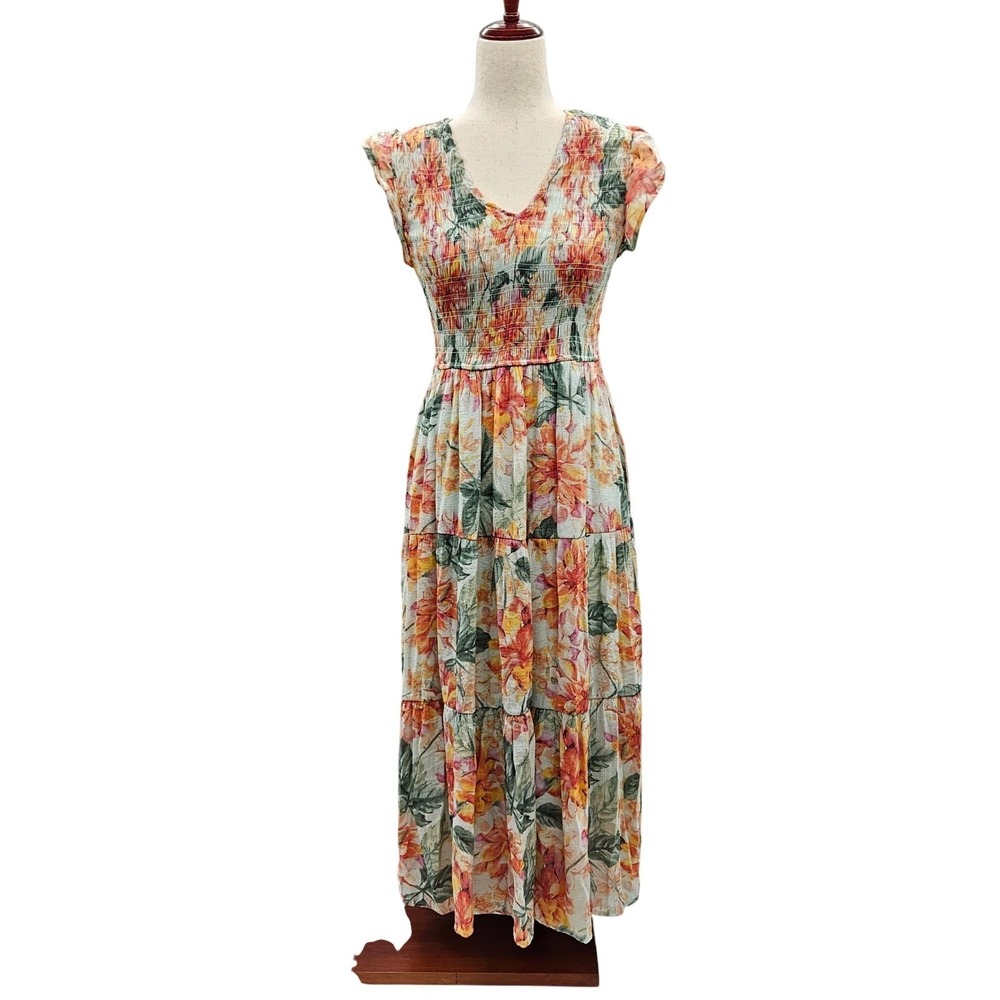 By The River Floral Smocked Tiered Maxi Dress Orange Yellow Green Large